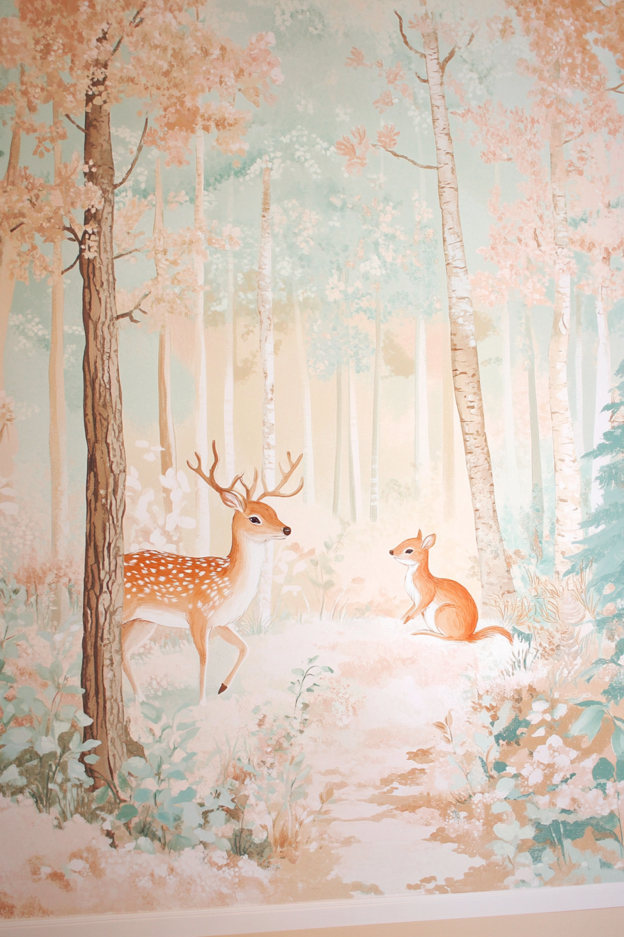 Baby room mural. Pastel-colored forest with deer and squirrels.