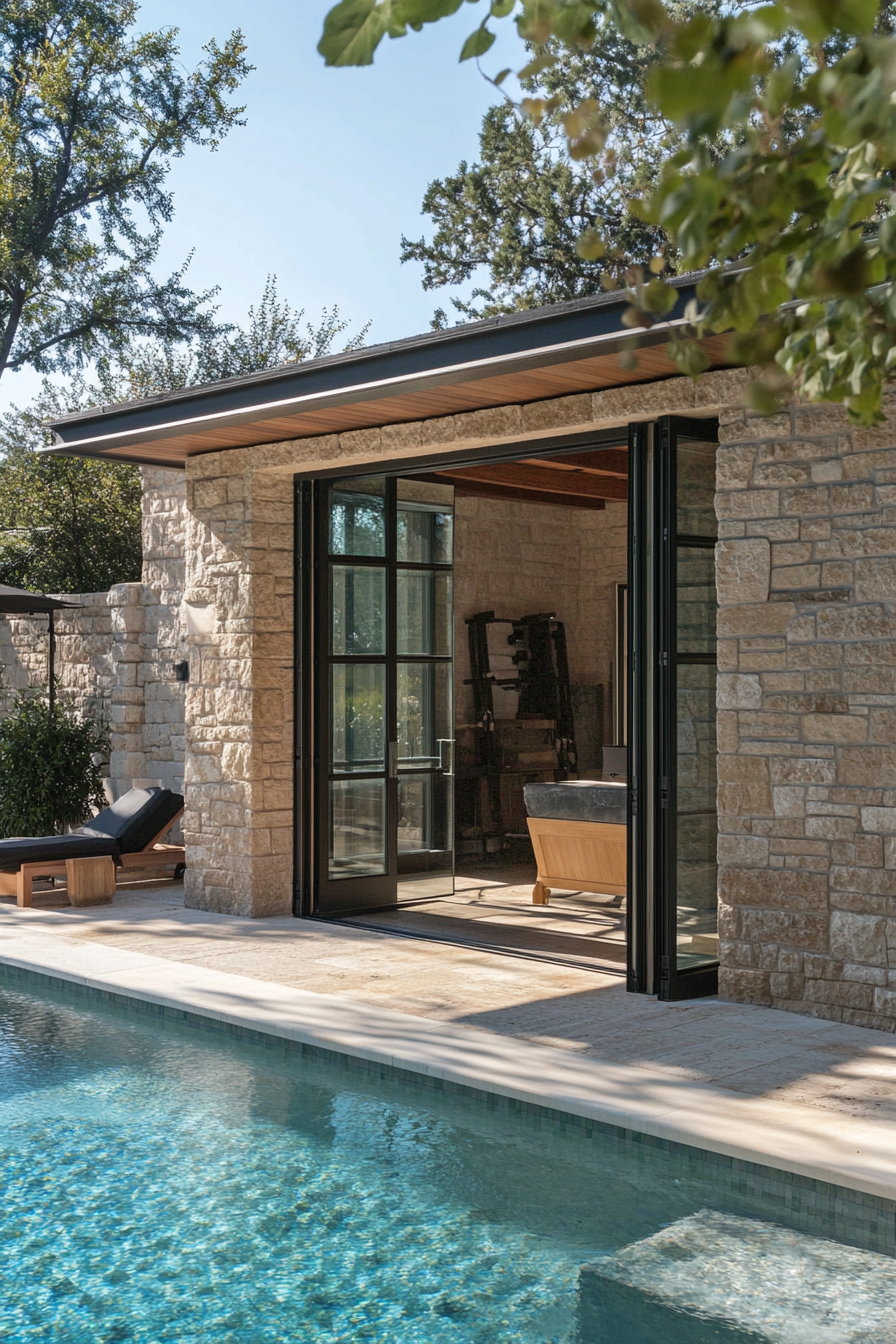 Pool house. Stone walls, floor-to-ceiling glass doors, teakwood indoor-outdoor shower, panoramic pool view.