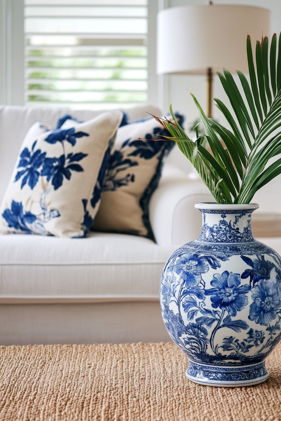 Coastal living space. Vintage floral cushion, blue chinoiserie vase, woven jute rug.