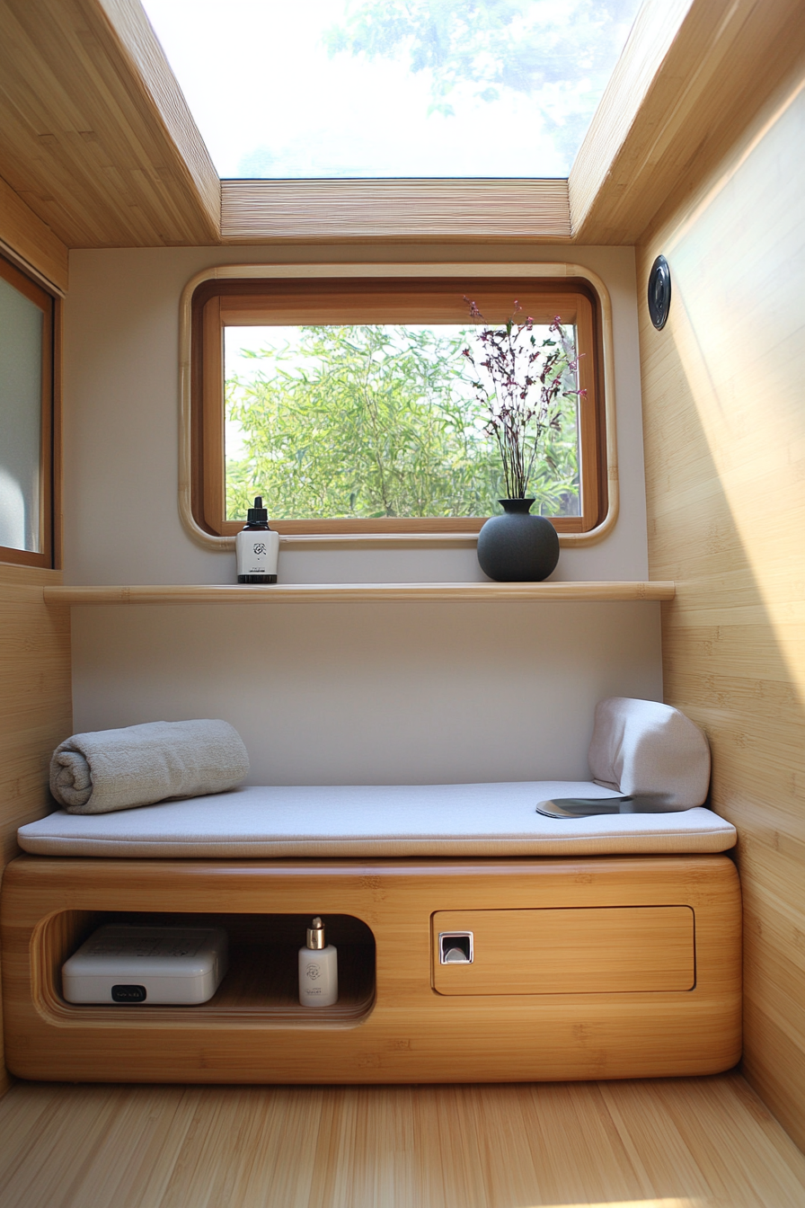 Meditation space. Bamboo bench under skylight with integrated essential oil diffuser and under-seat cushion storage.