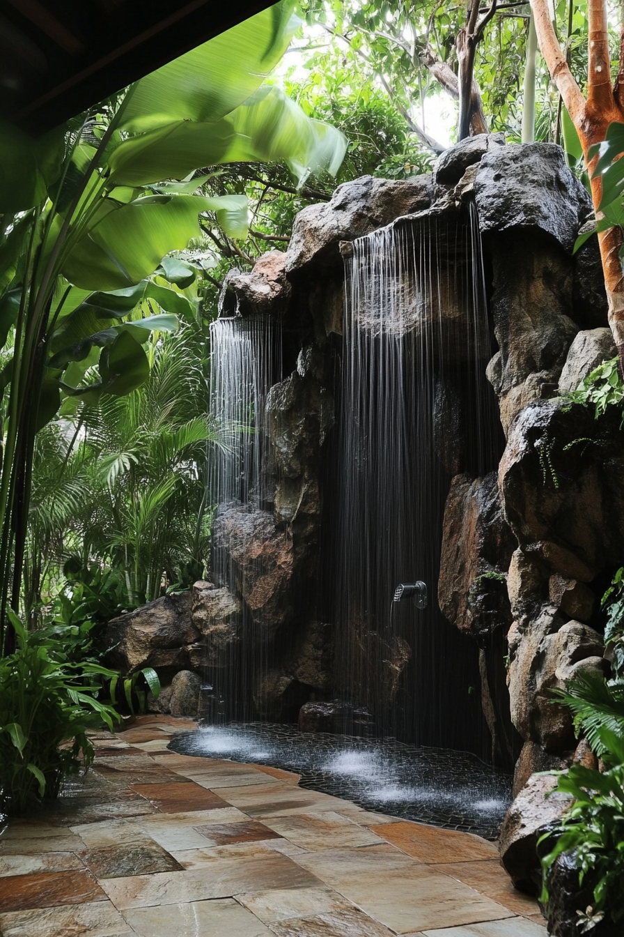 Outdoor shower. Natural rock formation with multiple cascading heads and integrated tropical gardens.