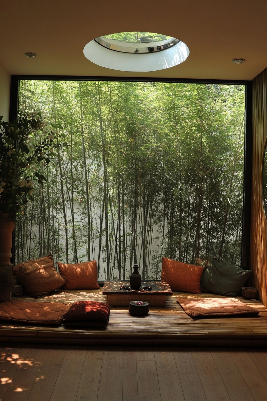 Meditation space. Bamboo bench under a skylight with tucked-in floor cushions and diffuser station.