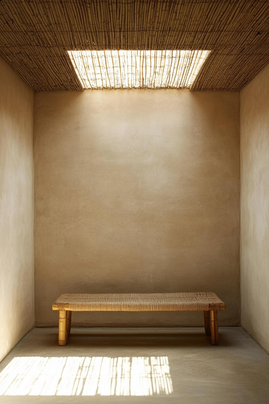 Compact meditation space. Bamboo bench below diffuse sunlight streaming through rectangular skylight.