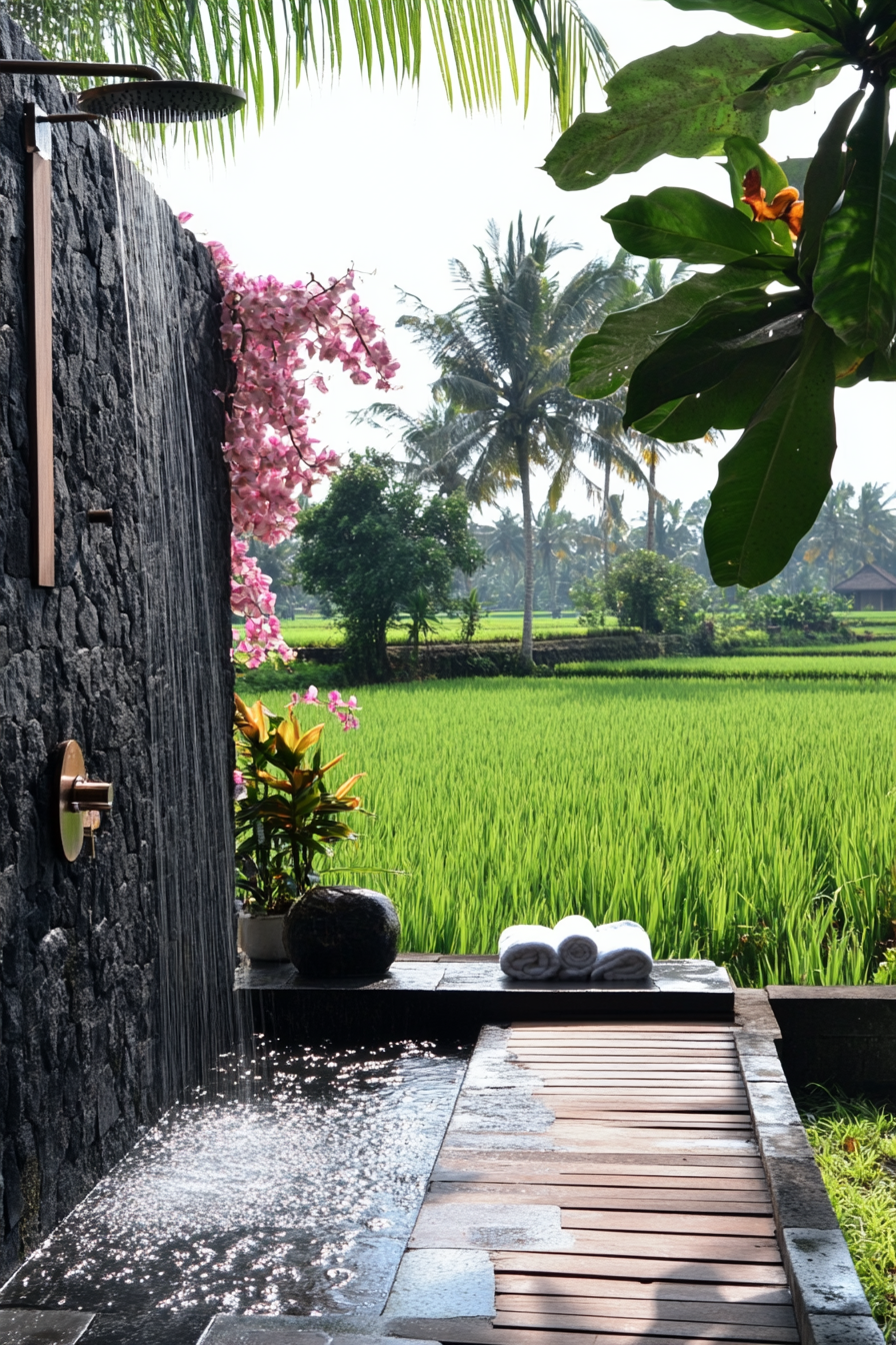 Outdoor shower. Black lava stone walls and teak platform overlooking rice paddy, with orchid wall.