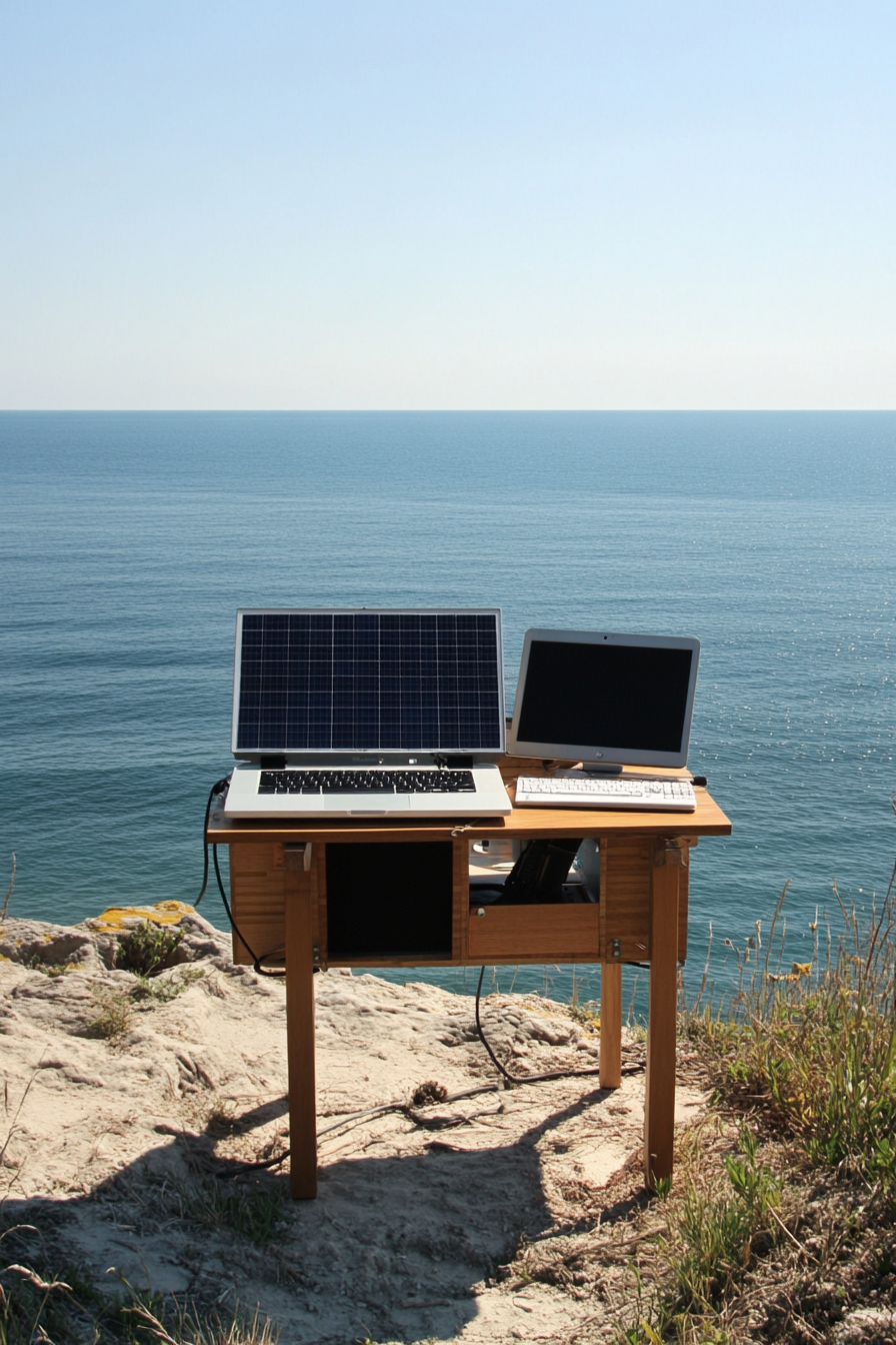 Mobile office. Convertible workstation with solar tech facing the ocean.