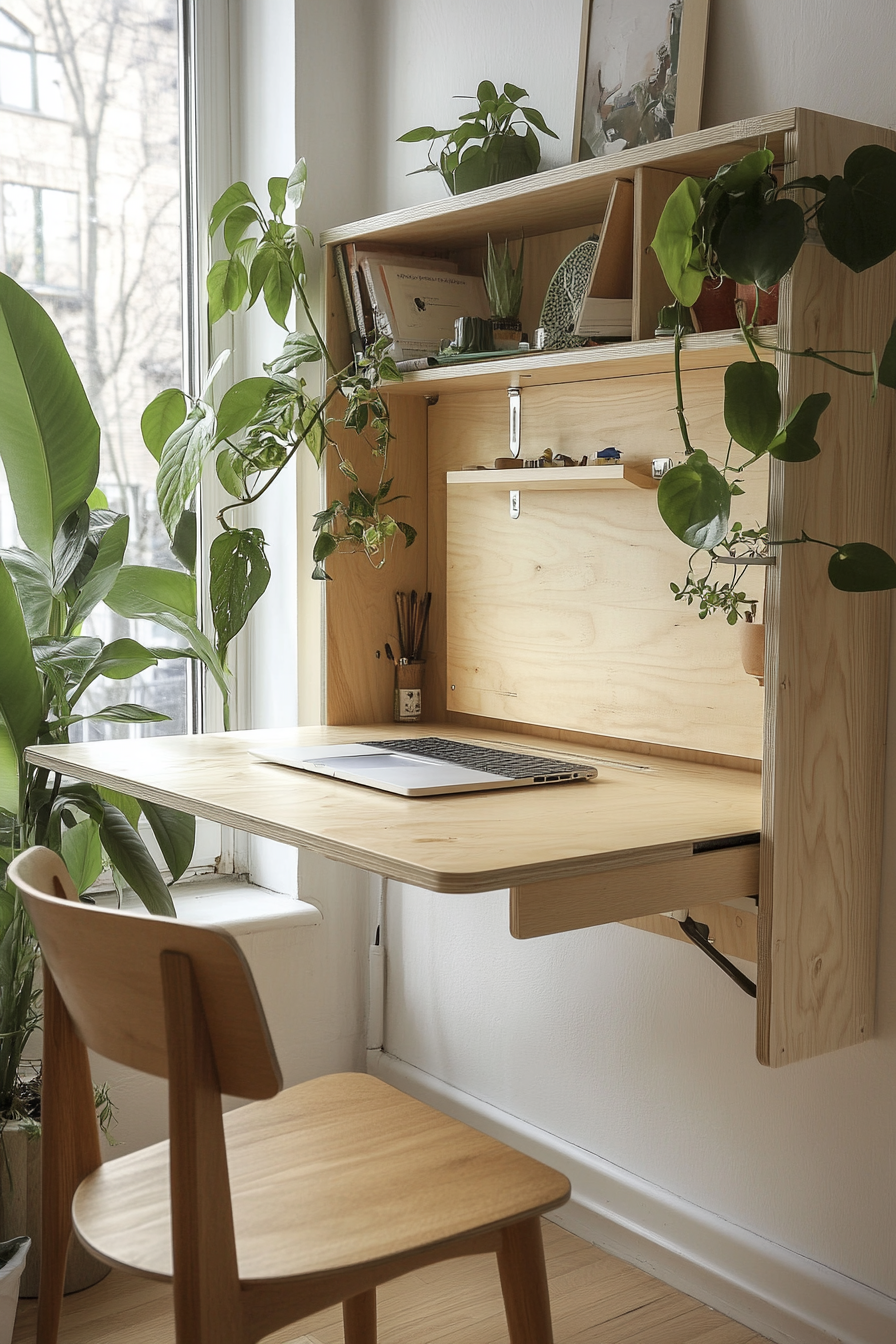 Living space. Wall-mounted convertible desk with green plant accents.