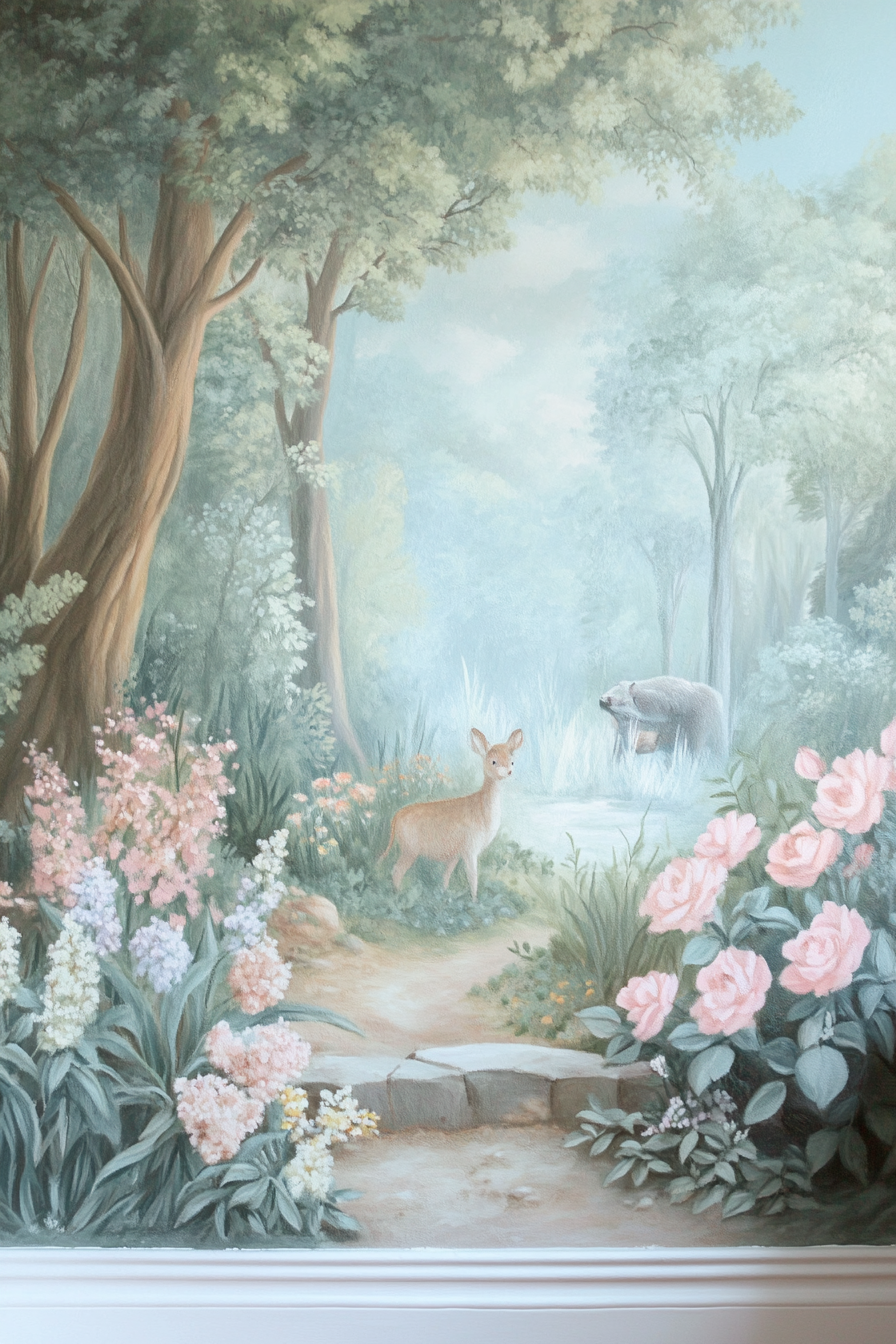 Pastel-colored mural. Forest scene with animals in soft pinks and blues.