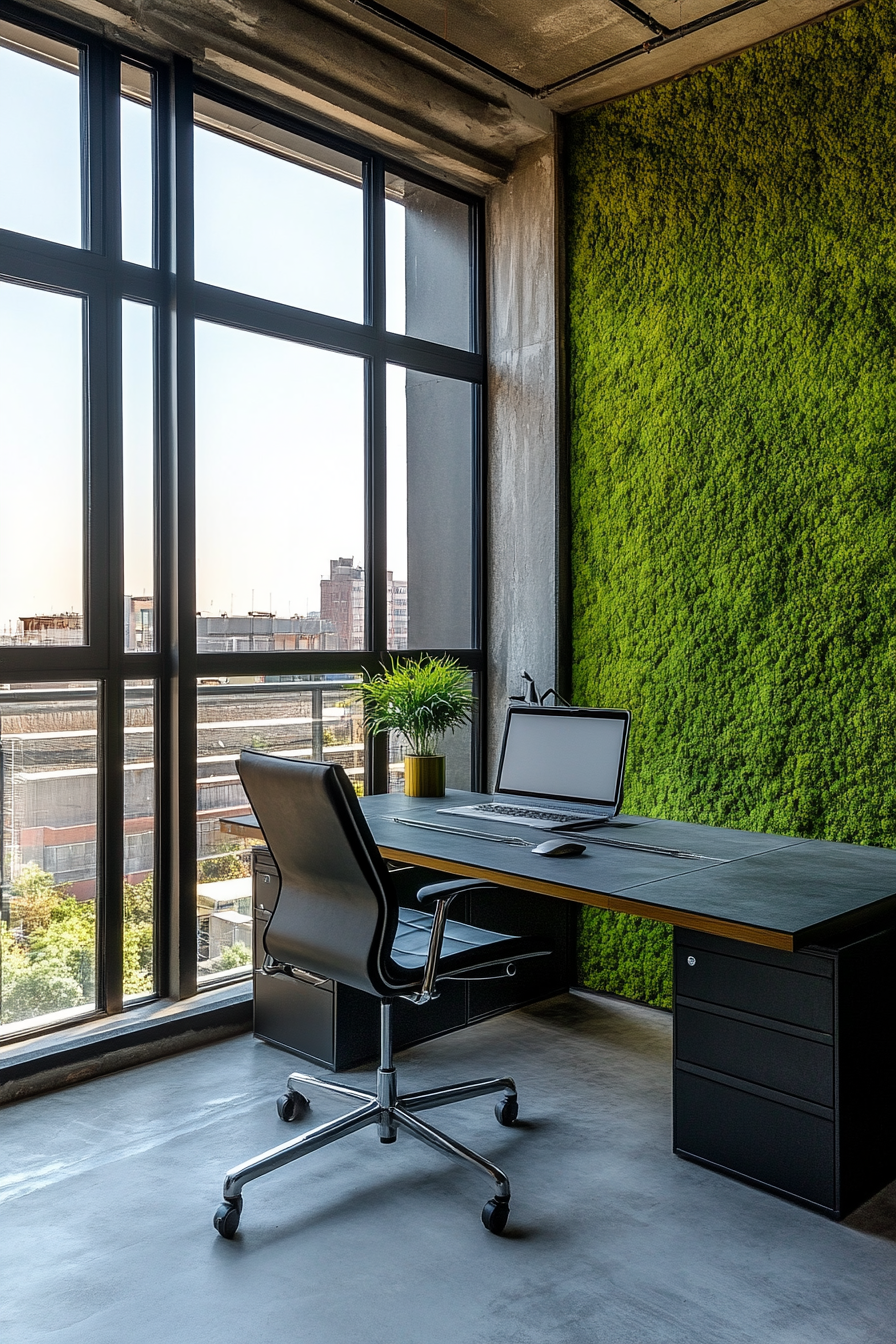 Multifunctional workspace. Charcoal modular desk by generic green moss wall under loft-style windows.