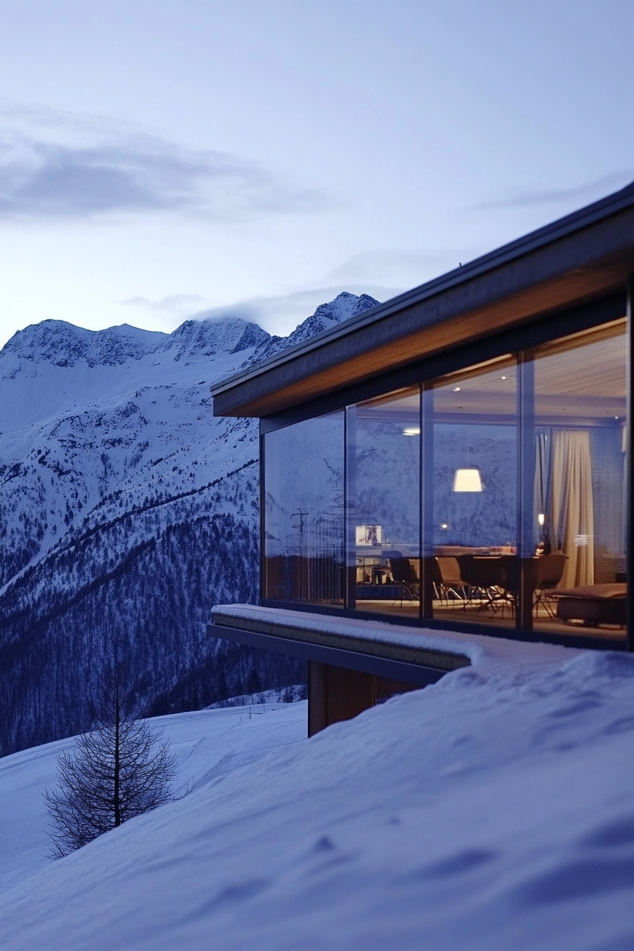 Contemporary Alpine living. Glass facade cabin overlooking snow-capped mountains.