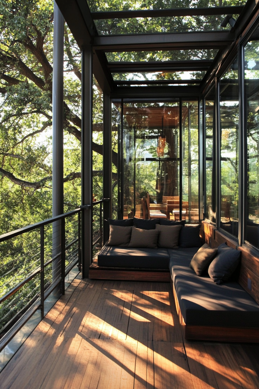 Modern enclosed porch design. Wooden flooring, glass walls, stainless steel framed couch, and dark cushion.