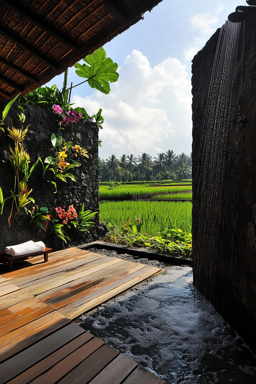 Outdoor shower. Black lava stone walls, teak platform, living orchid wall, rice paddy view.