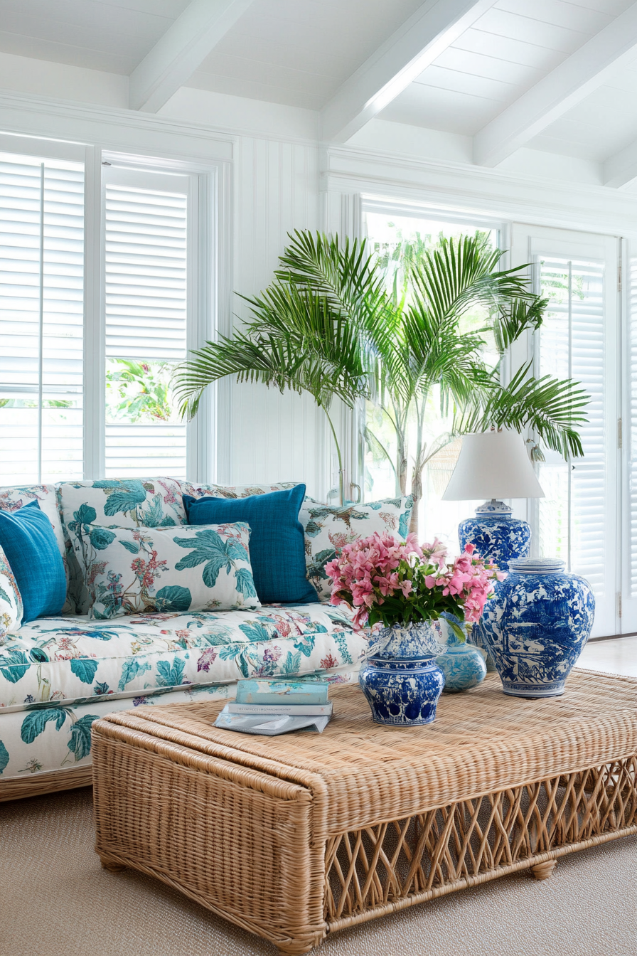 Coastal living space. Vintage floral couch, blue chinoiserie vases, woven rattan coffee table.