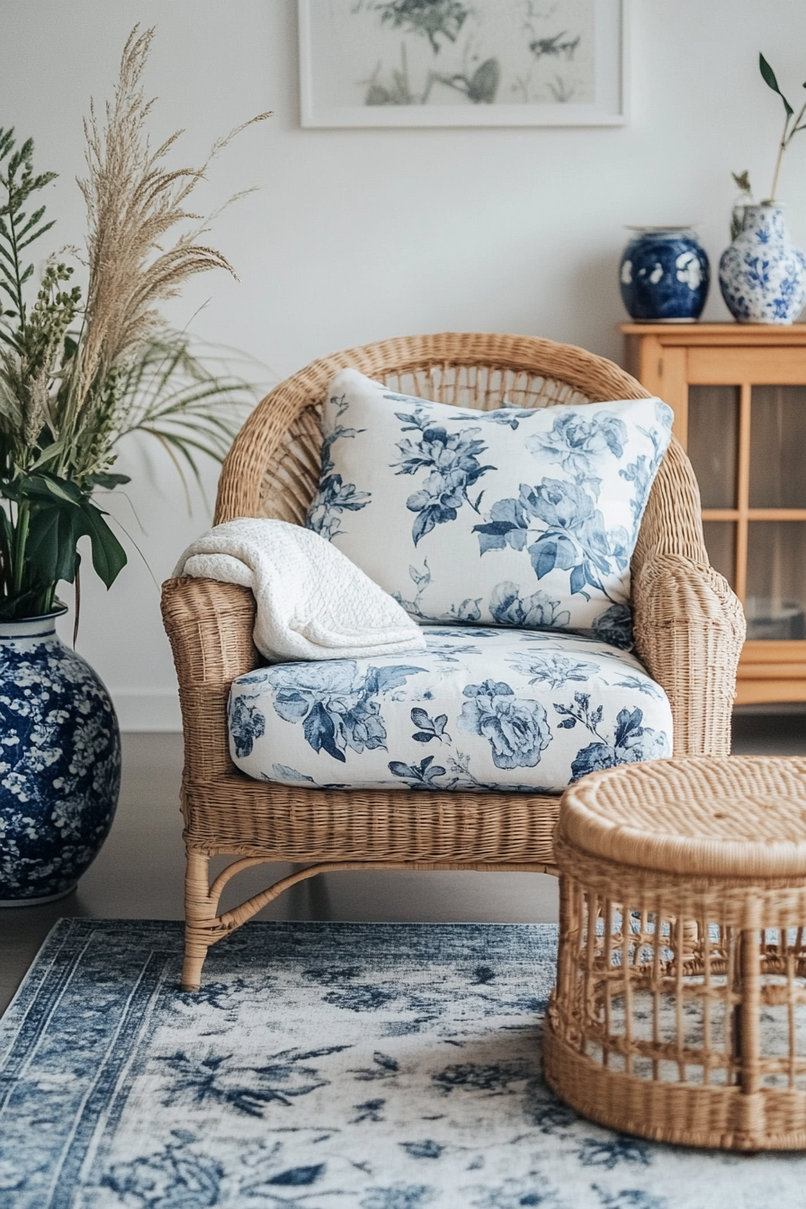 Coastal living space. Vintage floral armchair, blue chinoiserie vase, woven rattan coffee table.