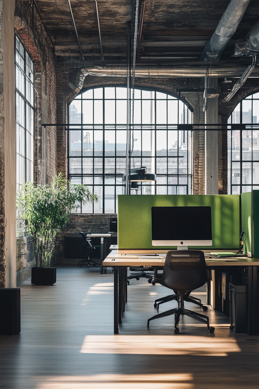 Remote workspace. Modular desk system in industrial landscape, meeting nook beneath large windows, green divider.