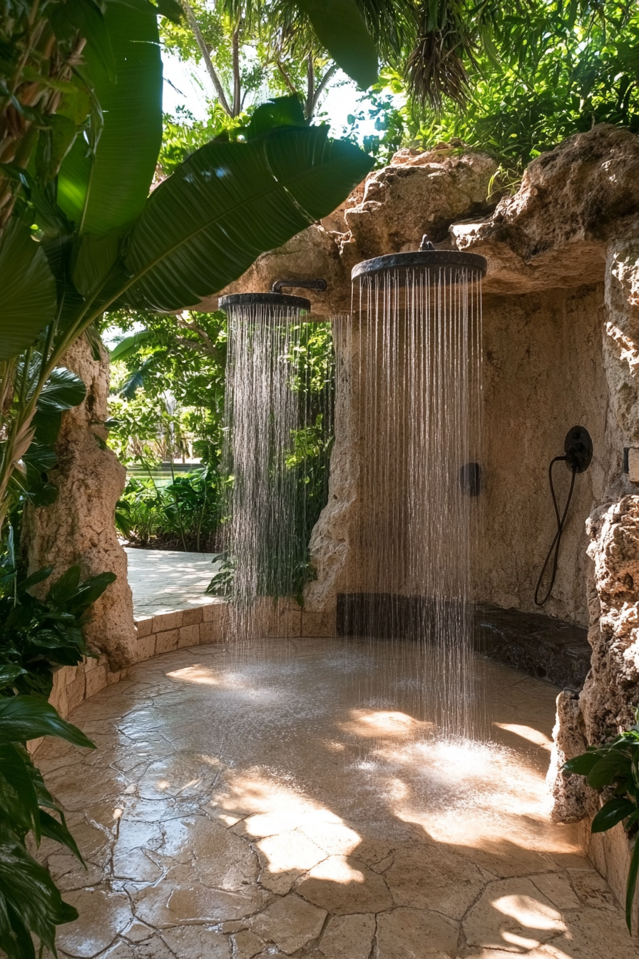 Outdoor shower. Natural rock formation with cascading shower heads amid tropical garden.