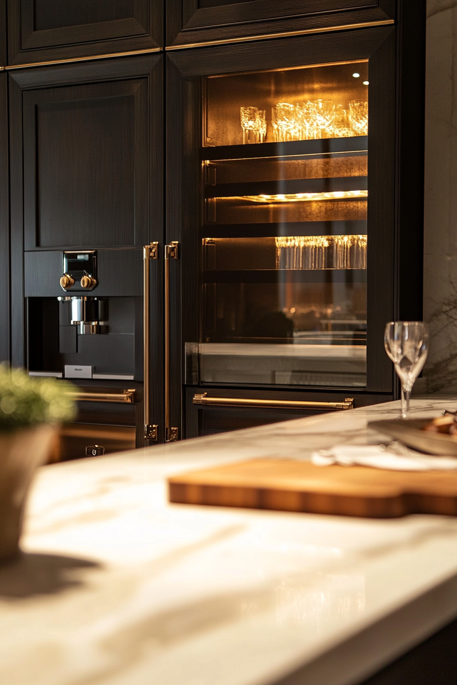 Premium Kitchen Design. Italian marble counter with bronze details and mahogany cabinets.