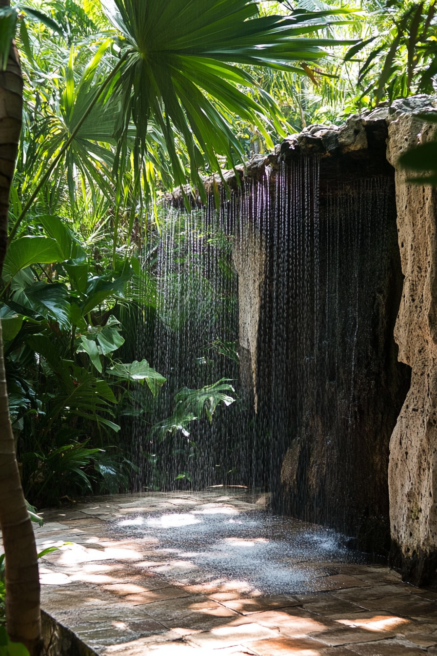 Outdoor shower. Natural rock formation with cascading heads amidst a lush tropical garden.