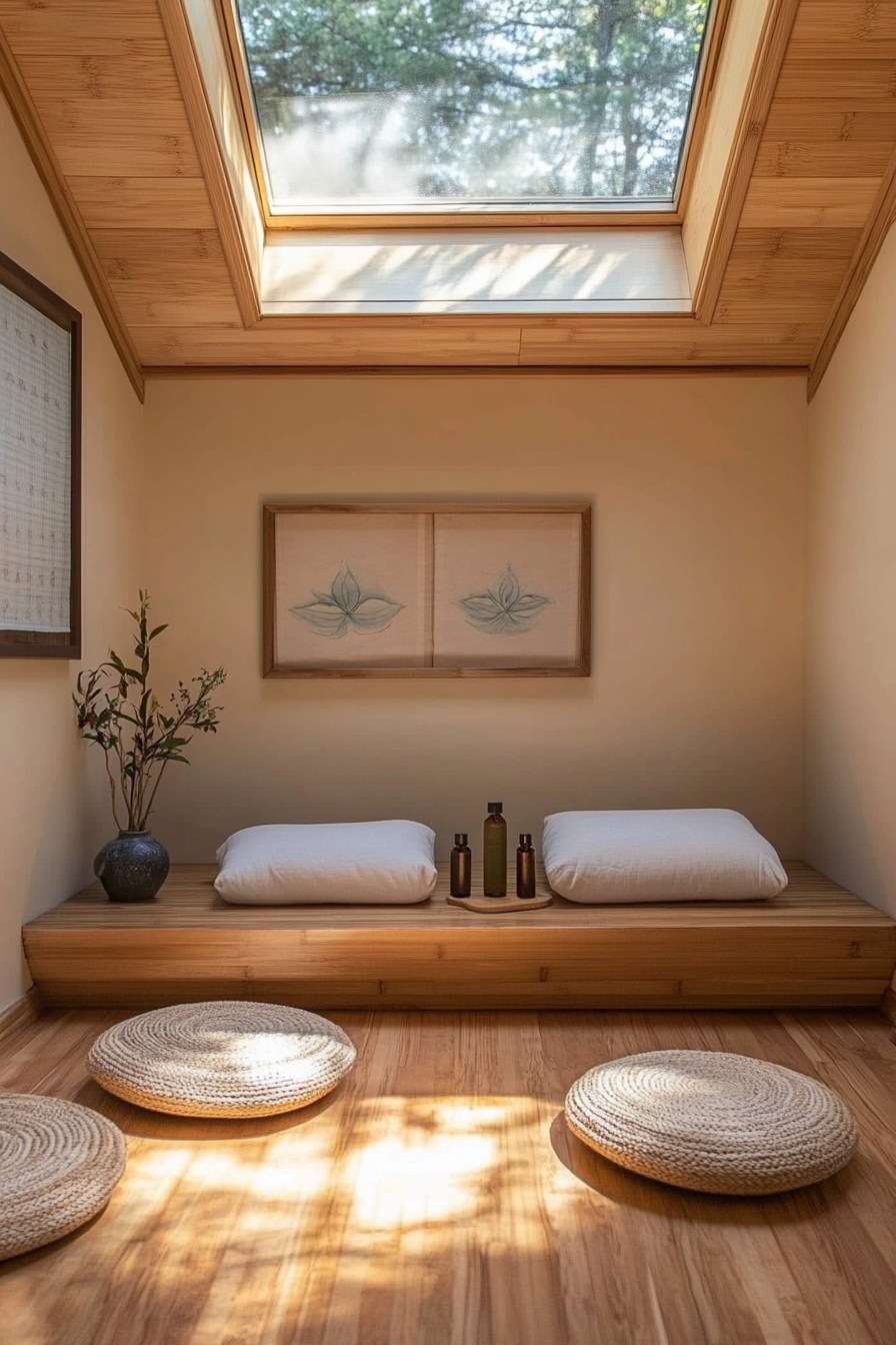 Compact meditation space. Bamboo bench under skylight, floor cushion storage, and essential oil diffuser station.