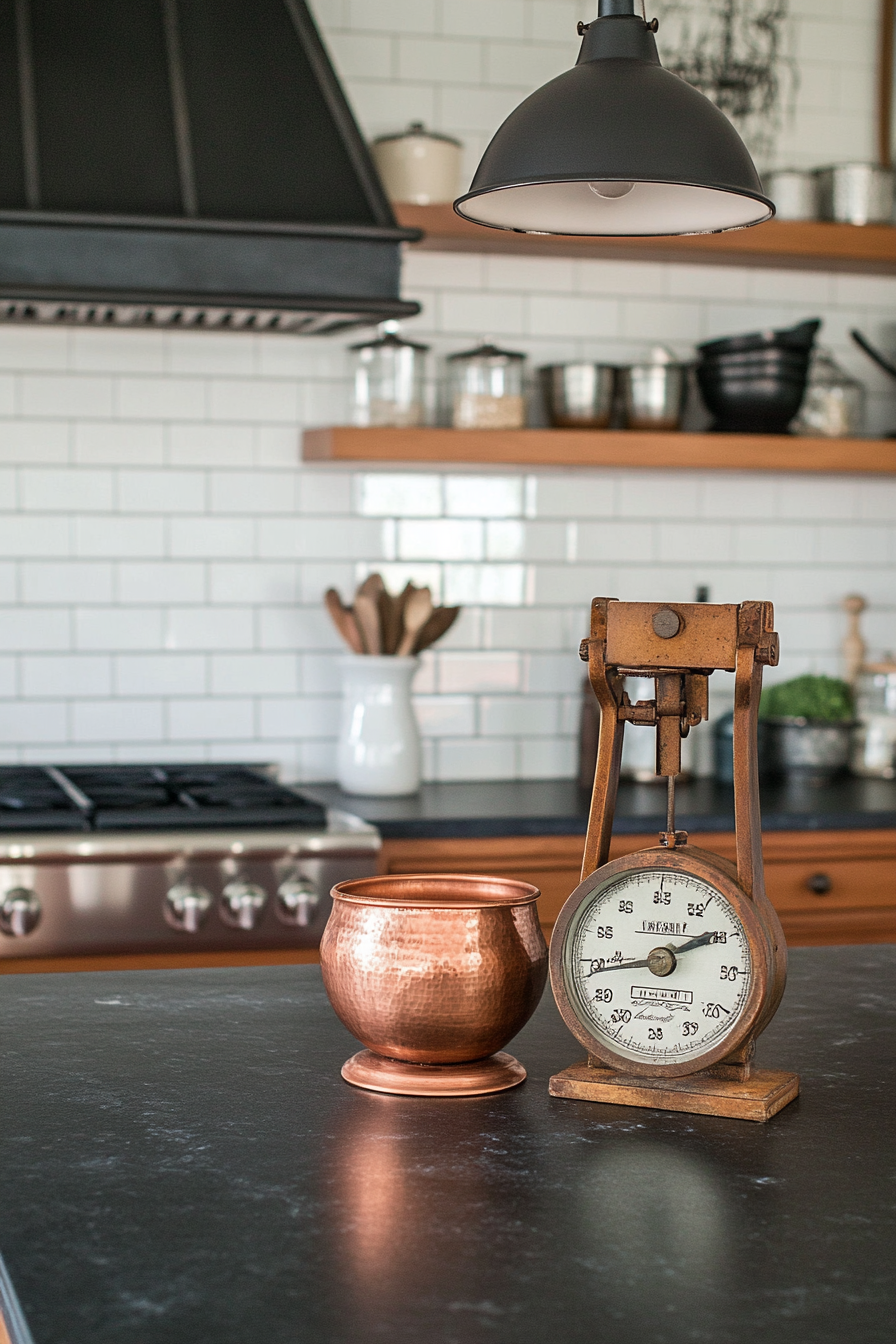 Welcoming kitchen. Soapstone countertops, collected copper vessels, industrial pendants, and vintage scale display.