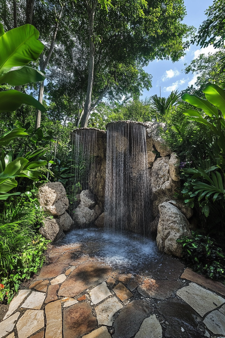 Outdoor shower. Natural rock formation with multiple cascading heads amidst a lush tropical garden.