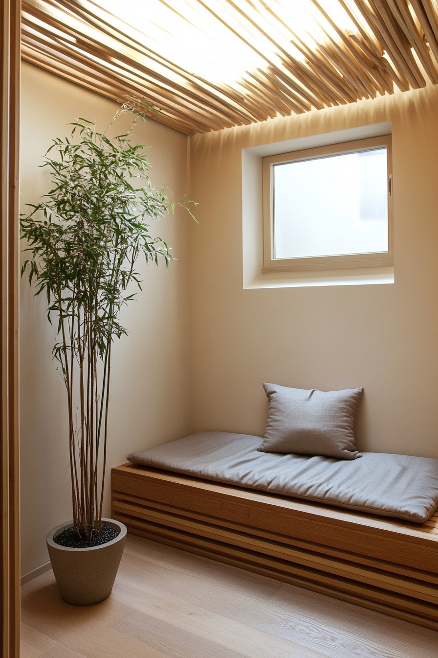 Compact meditation space. Built-in bamboo bench, diffuser corner, underneath skylight with floor cushion storage.