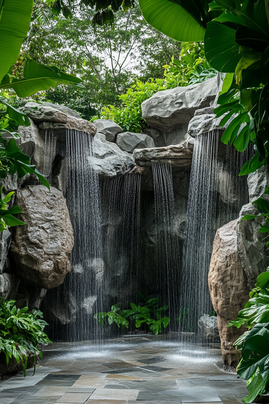 Outdoor shower design. Natural rock formation with multiple cascading heads surrounded by tropical foliage.