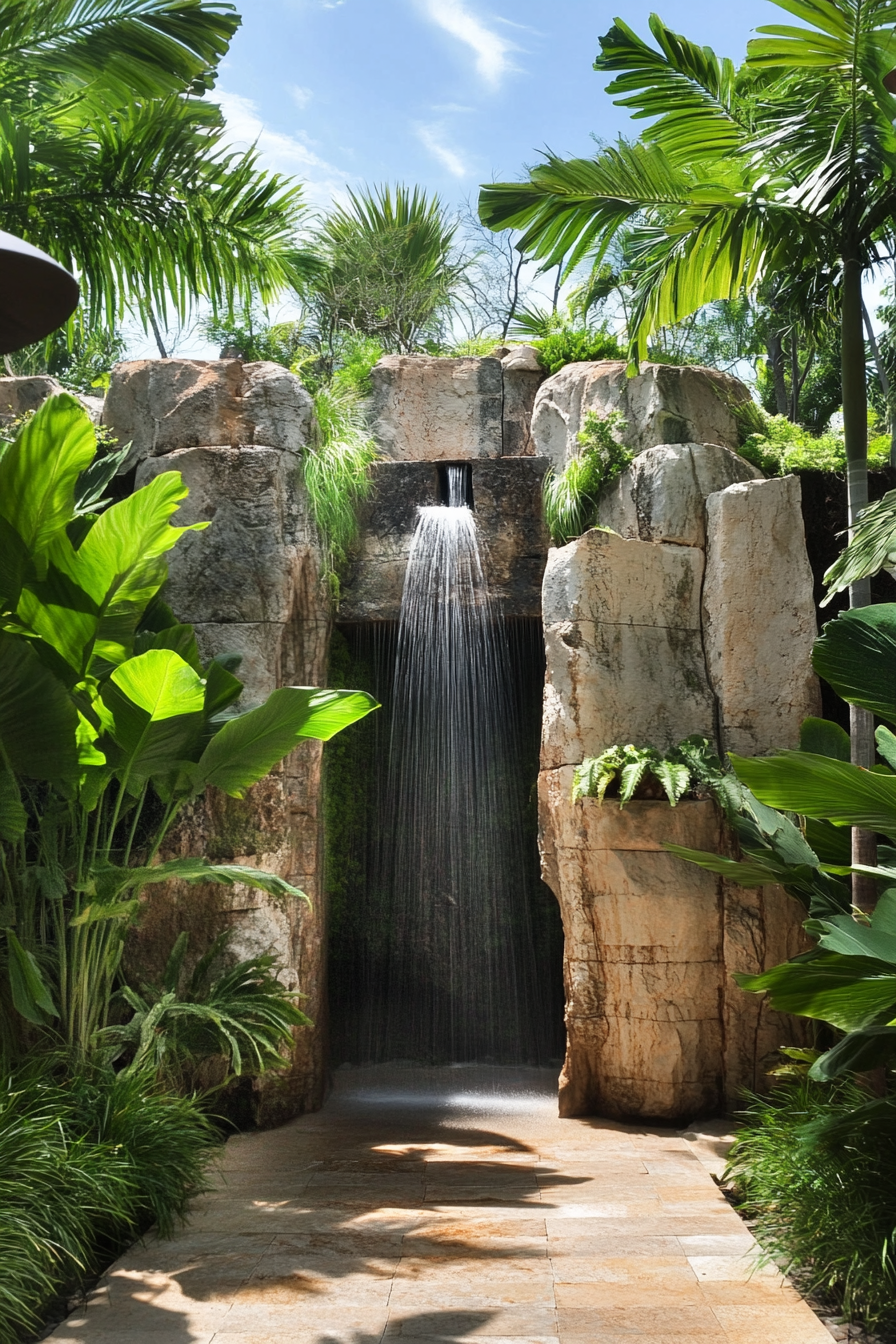 Outdoor shower. Natural rock formation, multiple cascading heads, integrated in a tropical garden.