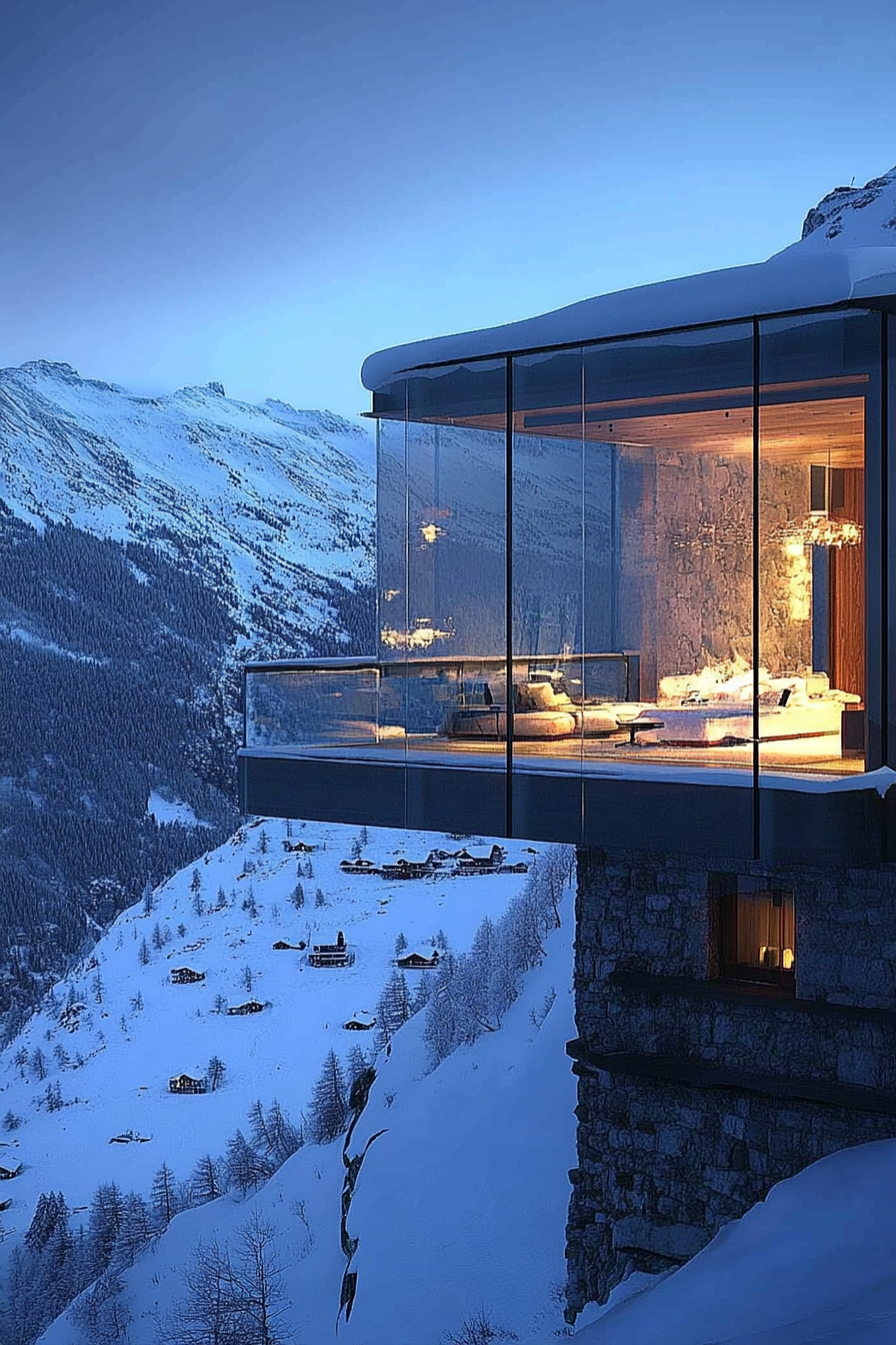 Contemporary alpine living. Glass-walled chalet overlooking frosted mountains.