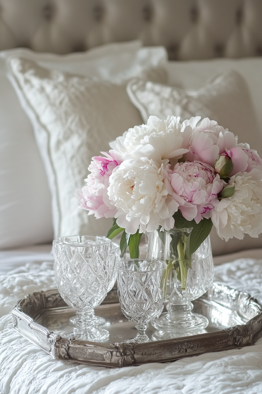 Bedside setup. Vintage tray with crystal glassware, fresh peonies in a silver vase.