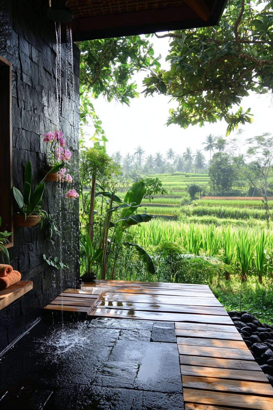 Outdoor shower. Black lava stone, teak platform, living orchid wall, rice paddy view.