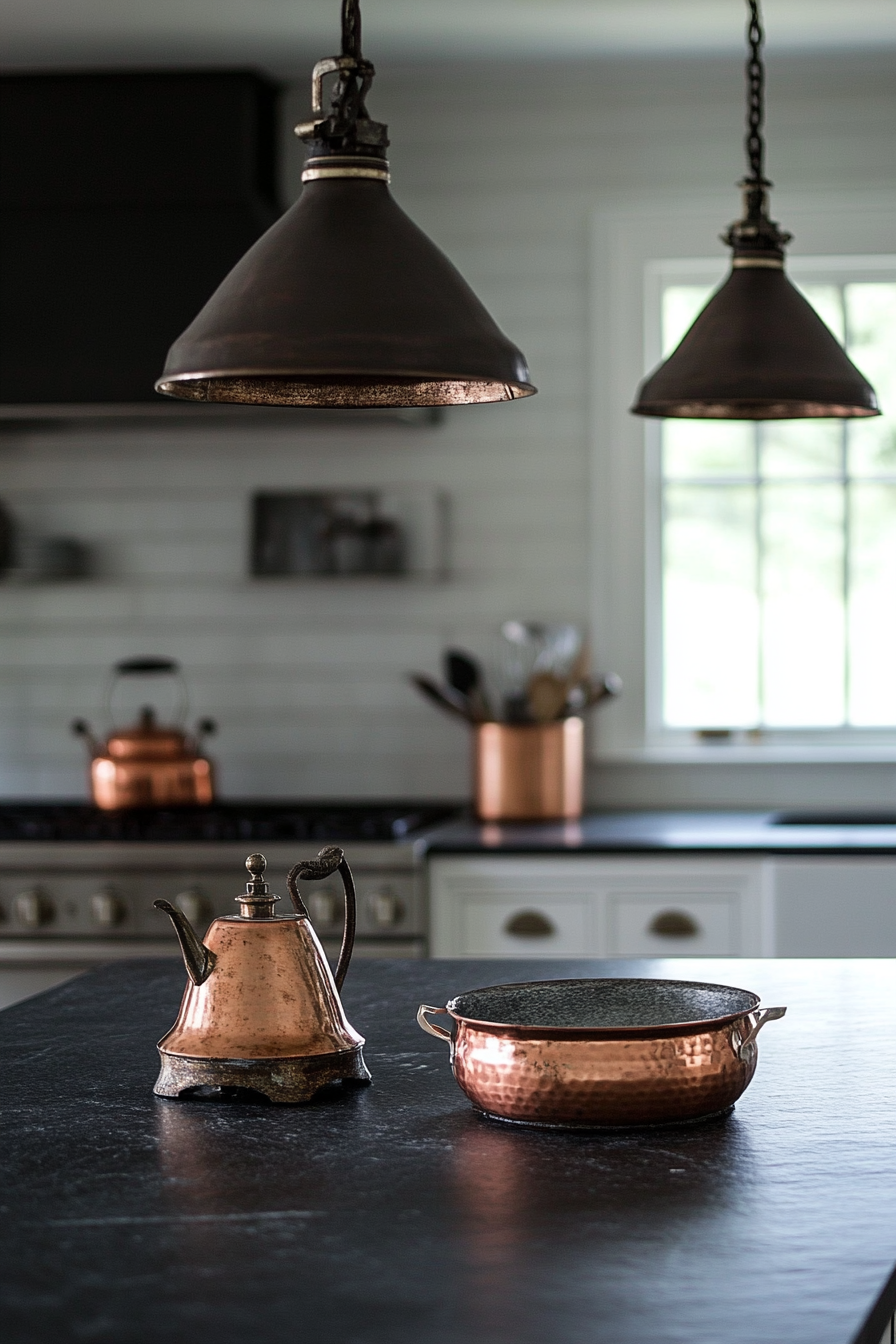 Kitchen. Soapstone countertops, copper vessels, vintage scale, industrial pendant lights.