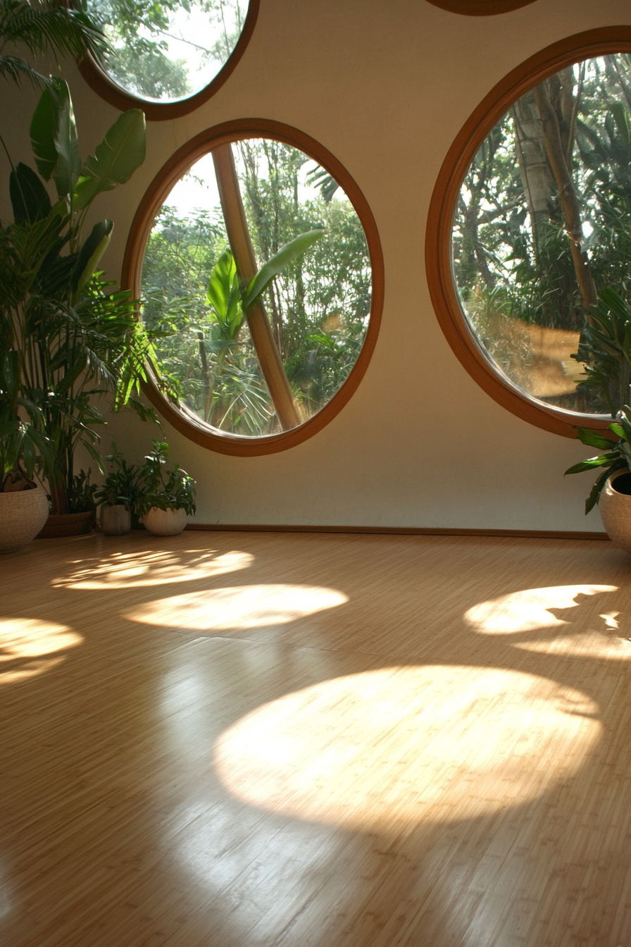 Yoga space. Bamboo flooring, circular airplane-style windows, indoor house plants.