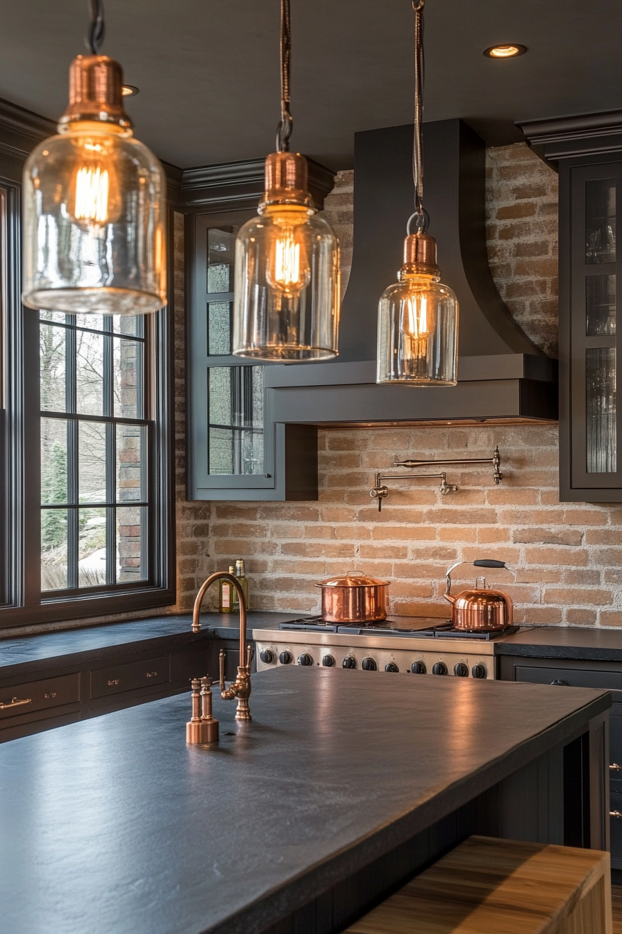 Kitchen. Soapstone countertops with copper kettle collection under hanging glass-pendant lights.