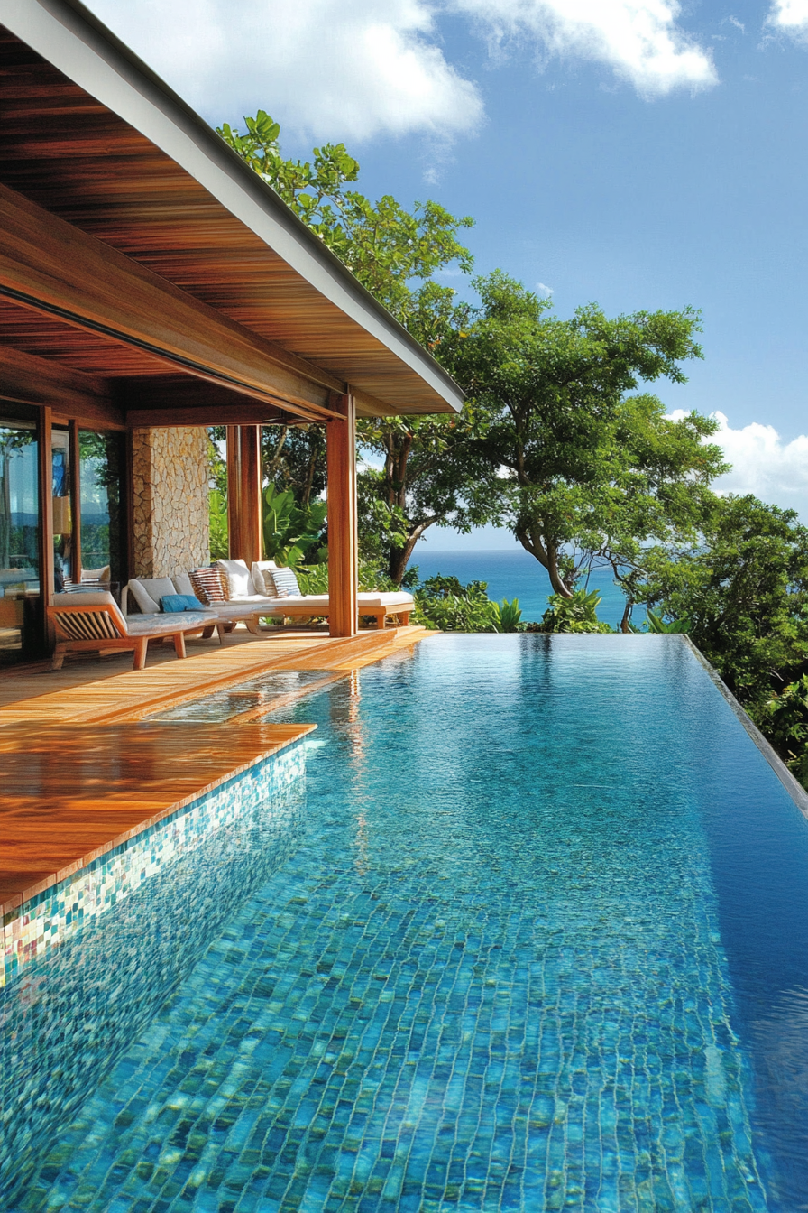 Luxe Pool House. Indoor-outdoor shower with mosaic tile, hardwood cabana, covered lounge overlooking infinity pool.