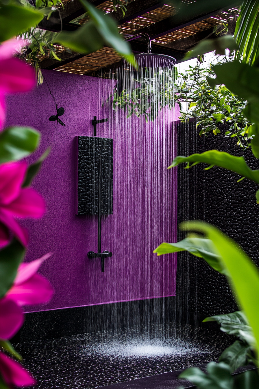 Outdoor shower setup. Tropical rain showerhead against black lava stone, surrounded by radiant orchid walls.