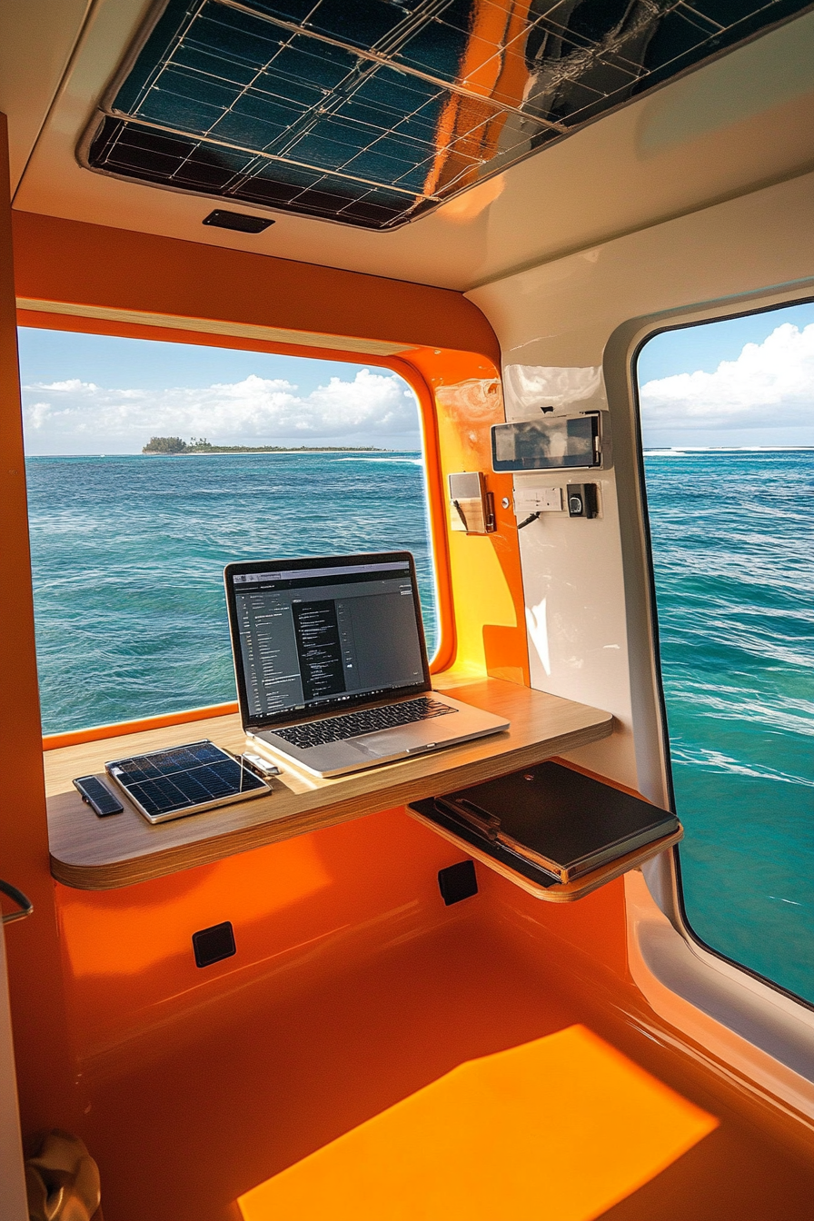 Flexible mobile office. Convertible workstation with solar-powered tech and desk facing the ocean.