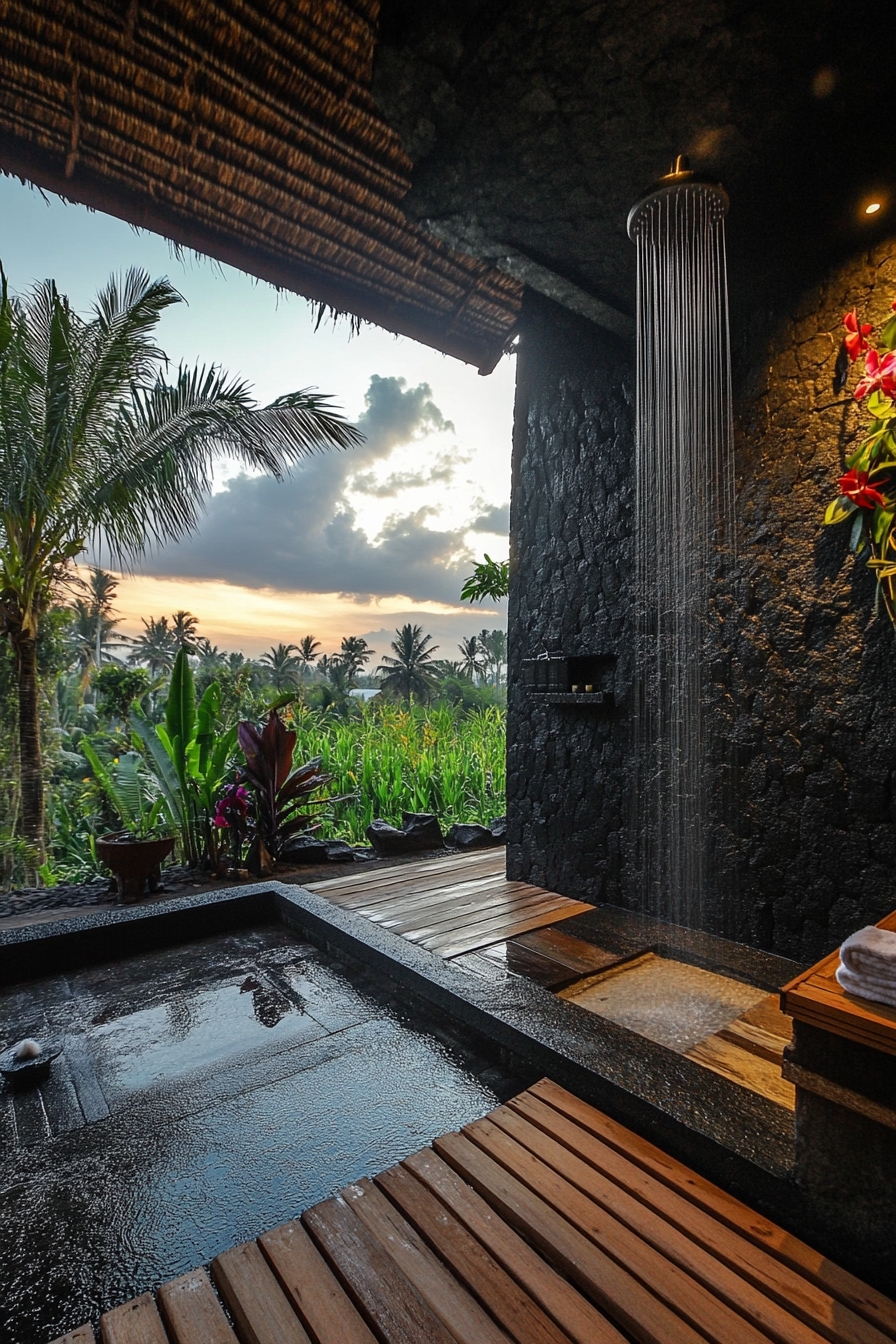 Outdoor shower. Black lava stone walls, teak platform, living orchid wall with rice paddy view.