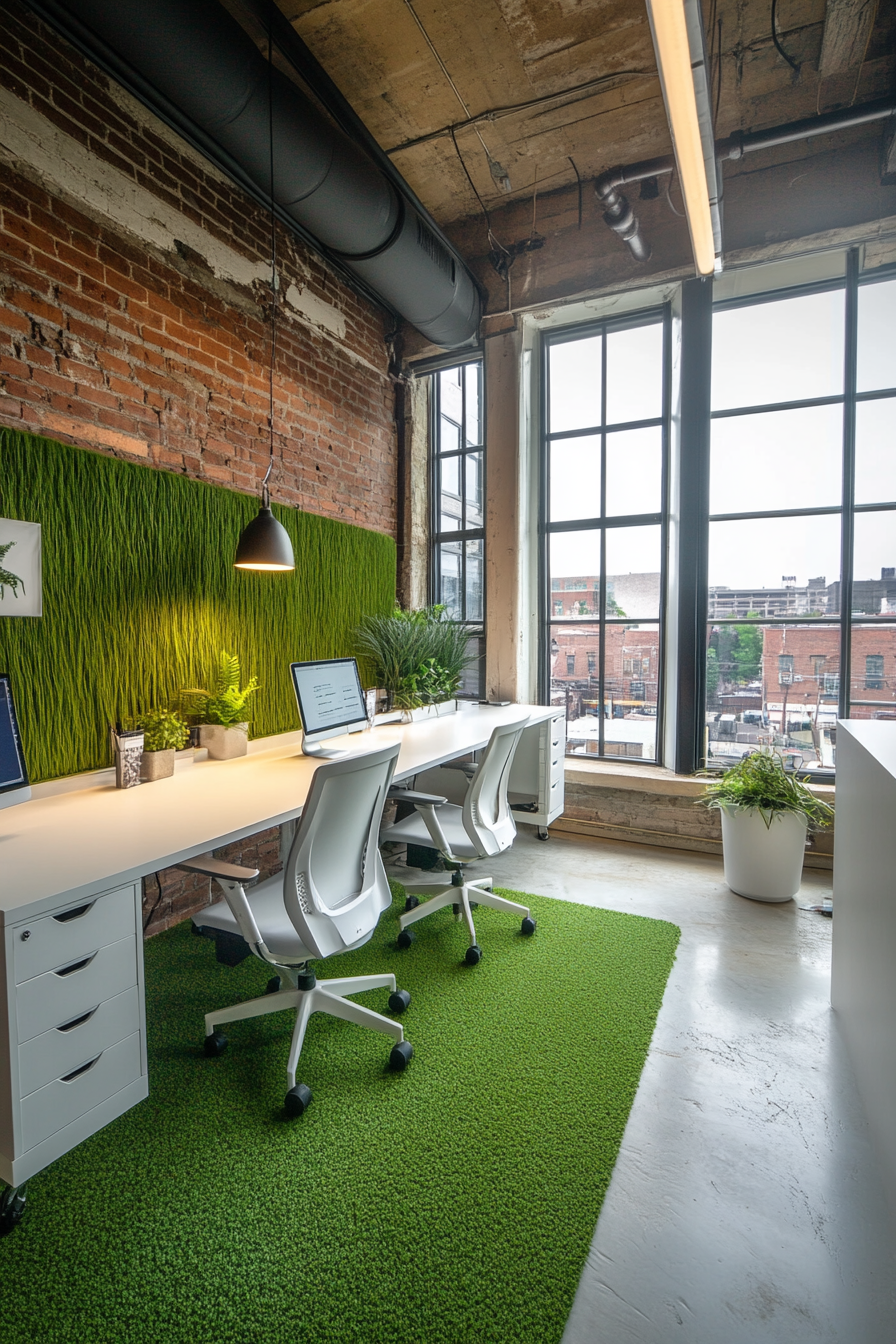 Remote workspace. White modular desks, grass-hued partition, meeting niche under high loft windows.