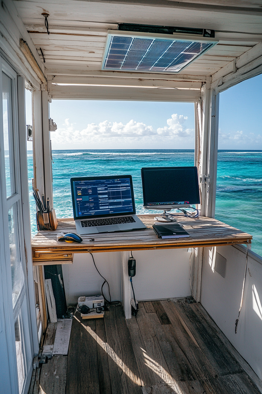 Mobile office. Convertible workstation in front of panoramic ocean-view, powered by solar panels.