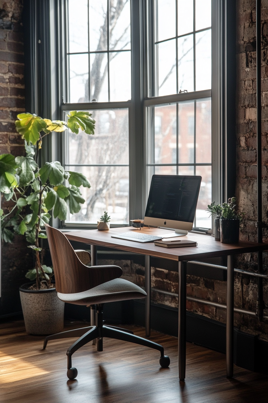 Remote work space. Adjustable walnut modular desk near industrial window.