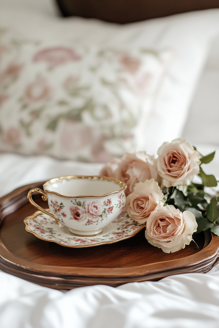 Luxurious bedside setup. Antique wooden tray, gold-rimmed teacup, rose bouquet.