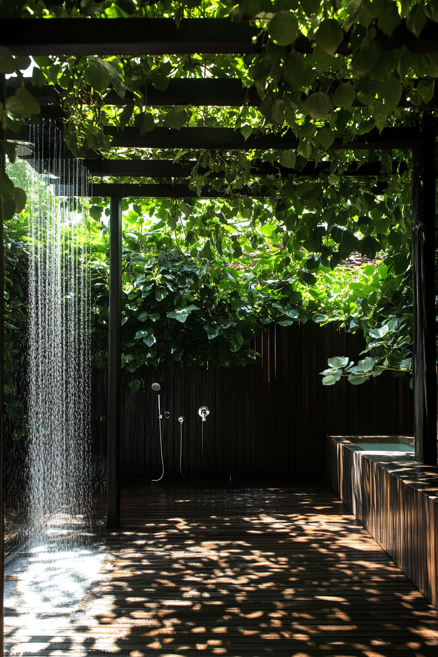 Outdoor bathroom. Teak floor, rainfall shower, leafy privacy wall under pergola.