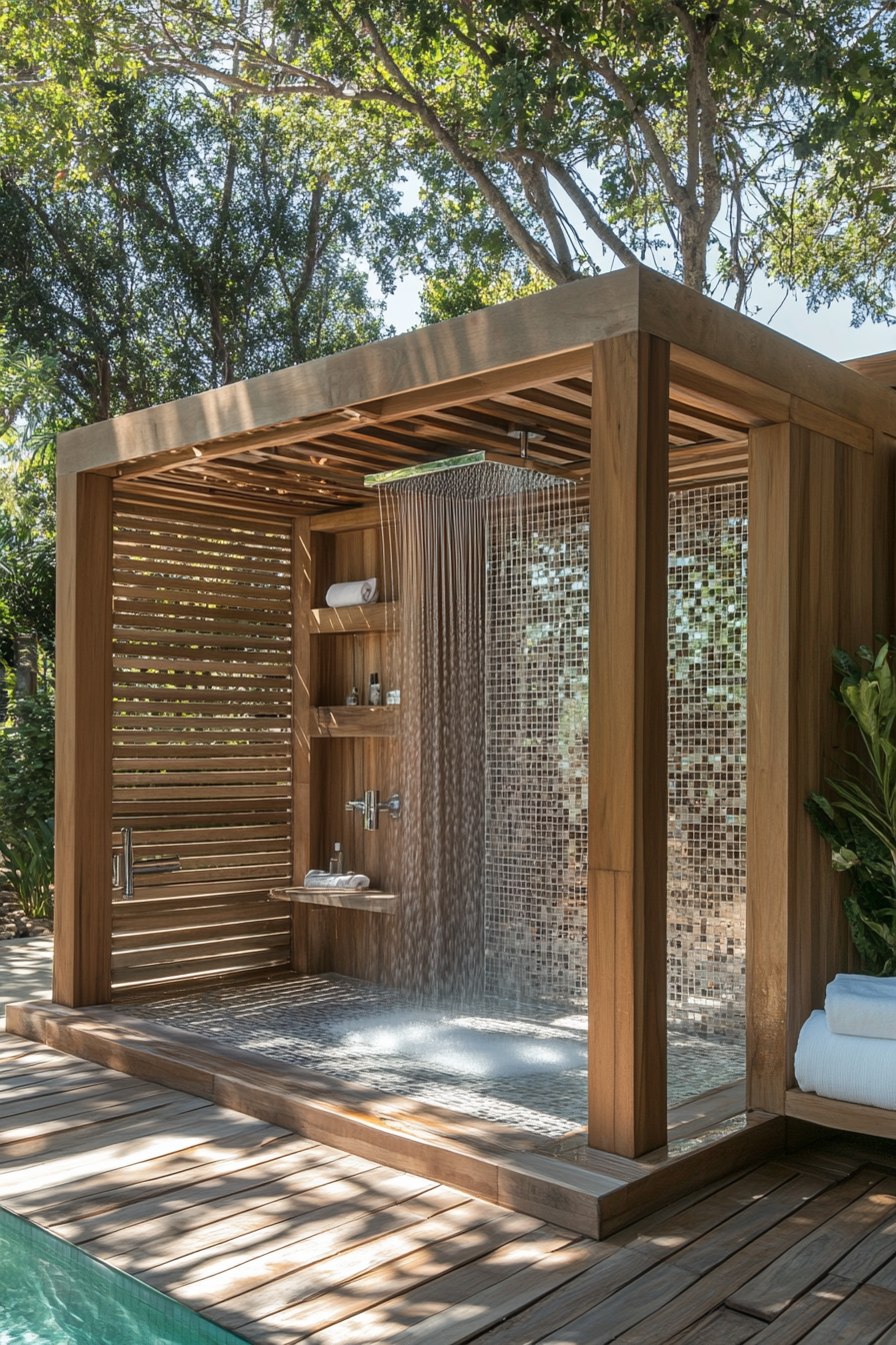 Pool house. Teak wood cabana with indoor-outdoor chrome finished shower.