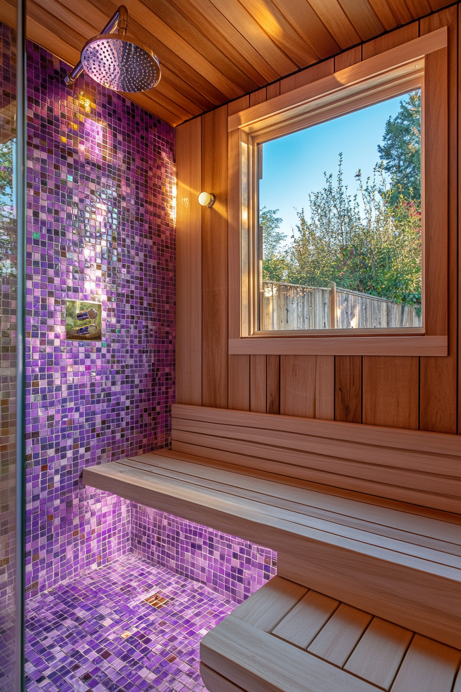 Pool house. Indoor teakwood shower with lavender mosaic tiles.