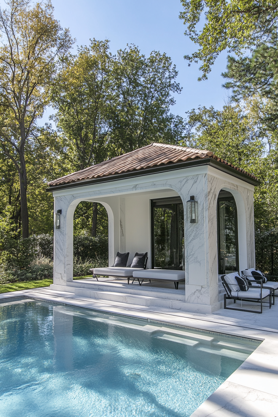 Pool house design. White marble changing cabana by a panoramic pool with an indoor-outdoor shower.