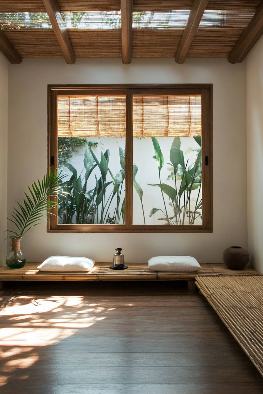 Compact meditation space. Bamboo bench under skylight, oil diffuser, floor cushions in storage.