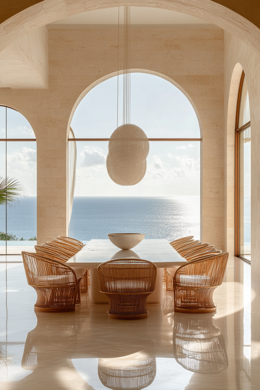 Dining room. Bleached brunette floors, curved rattan chairs, floor-to-ceiling ocean views.