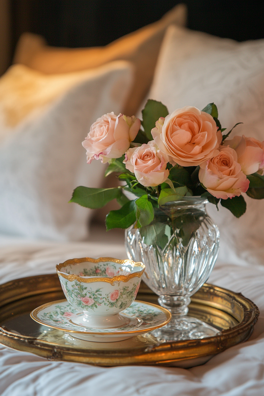 Luxurious bedside setup. Vintage trays, gold-rimmed china, roses in a crystal vase.