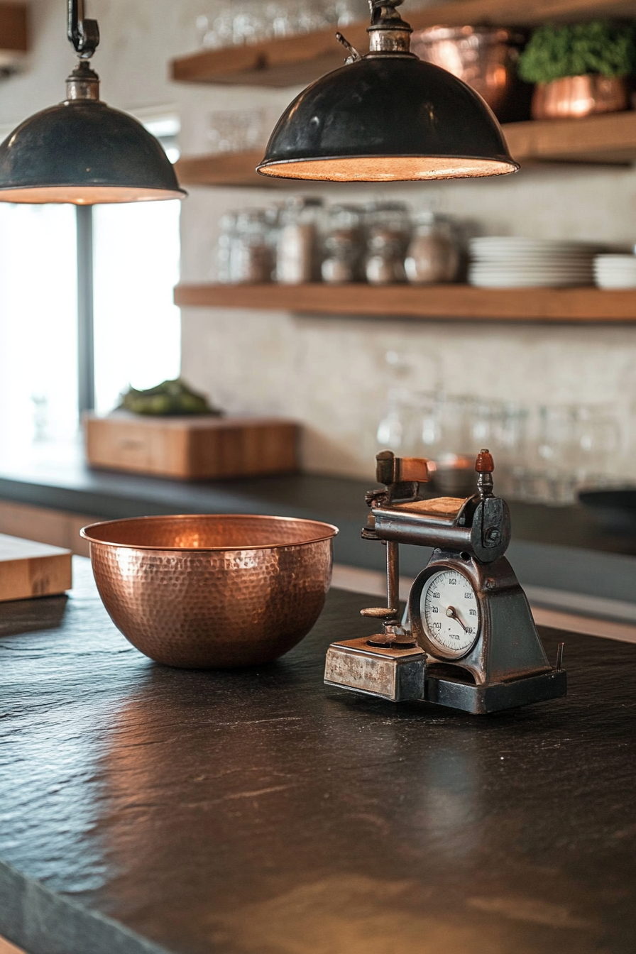 Kitchen. Soapstone countertops, copper vessels, vintage scale, industrial pendants.