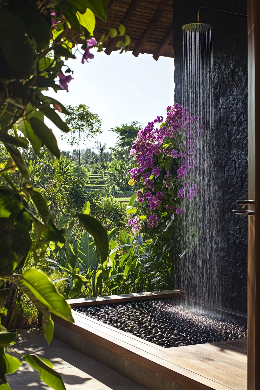 Tropical outdoor shower. Black lava stone, teak platform, living orchid wall, rice paddy view.